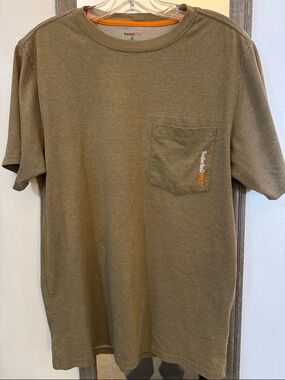 EUC Timberland PRO Olive Green Short Sleeve Pocket Tee with Orange Logo Accent